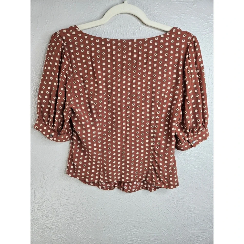 Free People Floral Button Front Blouse Small Brown Short Sleeve Boho Cottage Top